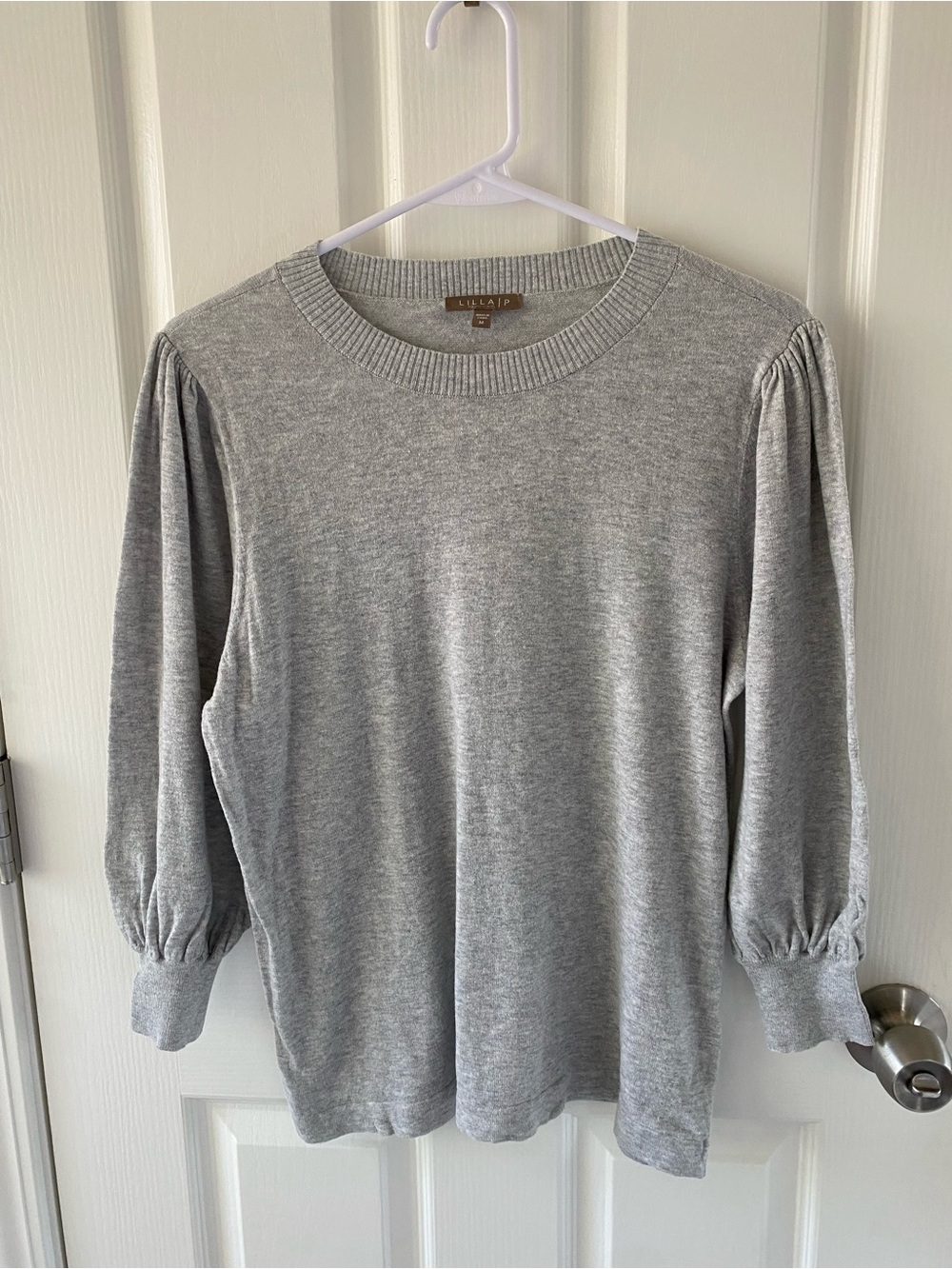 Lilla P Crew Neck Gray Puff Sleeve Sweater